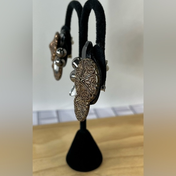 80s’ Vintage Womens Oversized Antique Gold & Black Clip On Earrings Rocker Punk - Picture 3 of 6